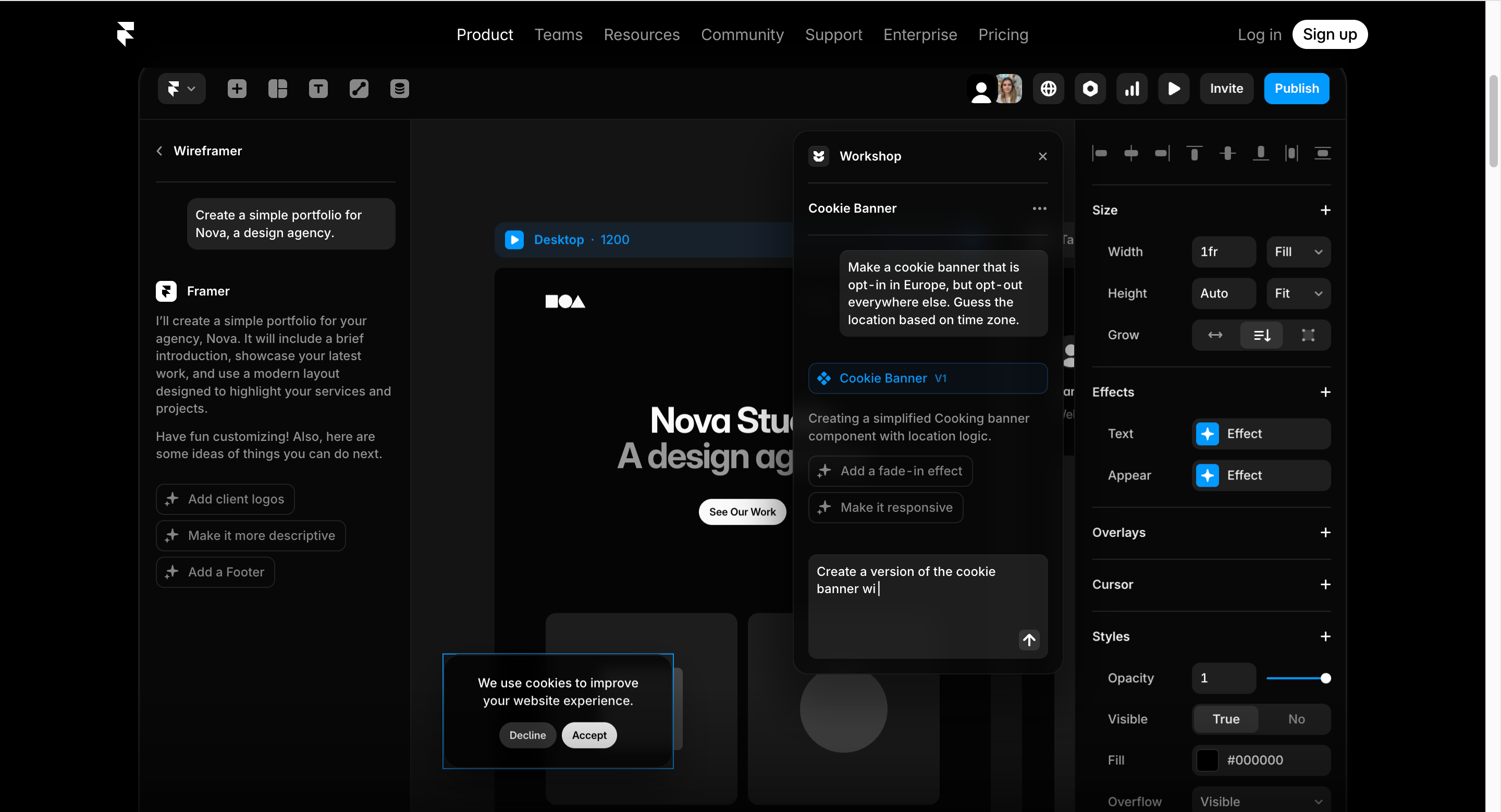 工作区带有弹出式对话框,用于设计协作和项目设置